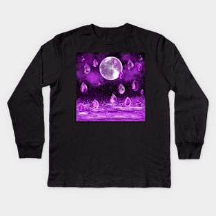 Full moon in the rain, purple midnight landscape with raindrops falling into Water Kids Long Sleeve T-Shirt